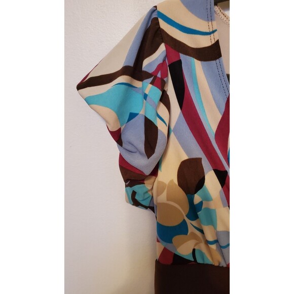 VINTAGE Y2K XOXO Collection Brown Teal 70s Pattern Baby Doll Tie Back Midi Dress - Picture 4 of 6